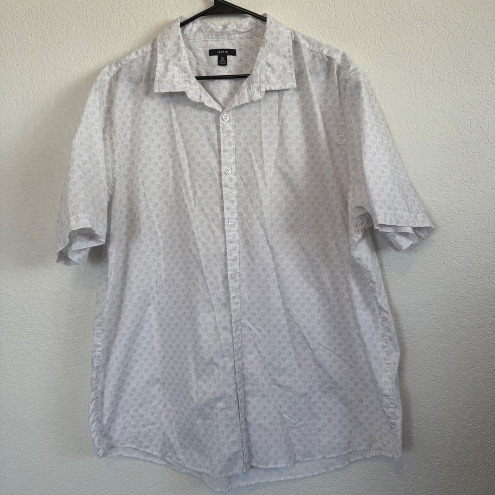 Alfani Button Down Shirt Mens XXL White Gray Geometric Print Short Sleeve Cotton